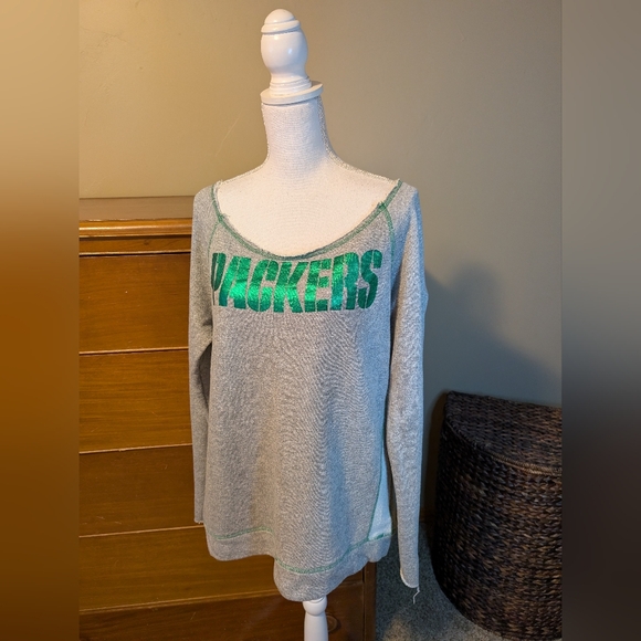 GREEN BAY PACKER Wms Metallic Green Logo Sweatshirt Raw Edges XL - Picture 3 of 13